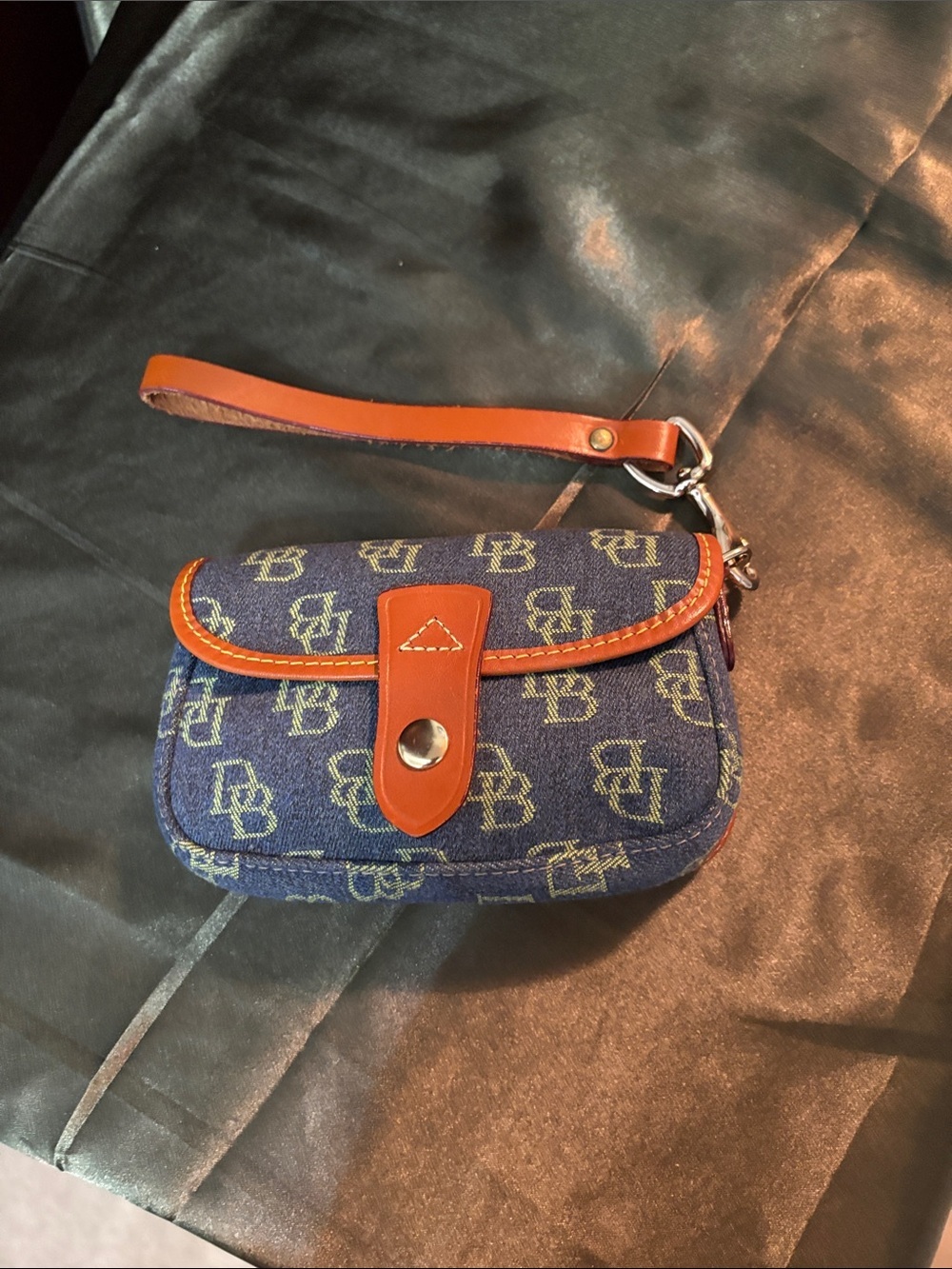 Dooney & Bourke Navy Denim Monogram Wristlet with Brown Trim